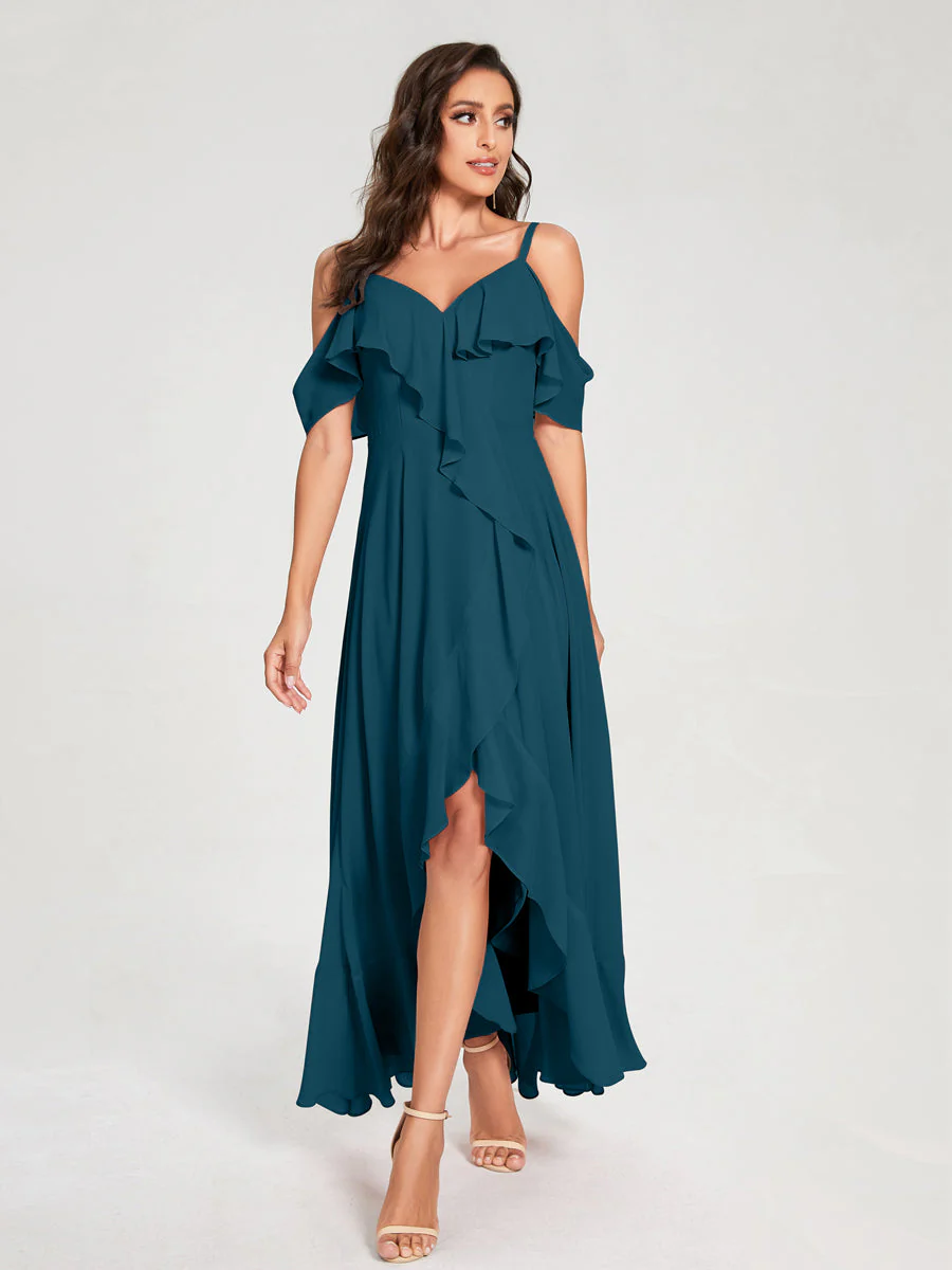 A-Line/Princess Chiffon Spaghetti Straps V-Neck Short Sleeves With Ruffles Asymmetrical Bridesmaid Dresses - Image 58