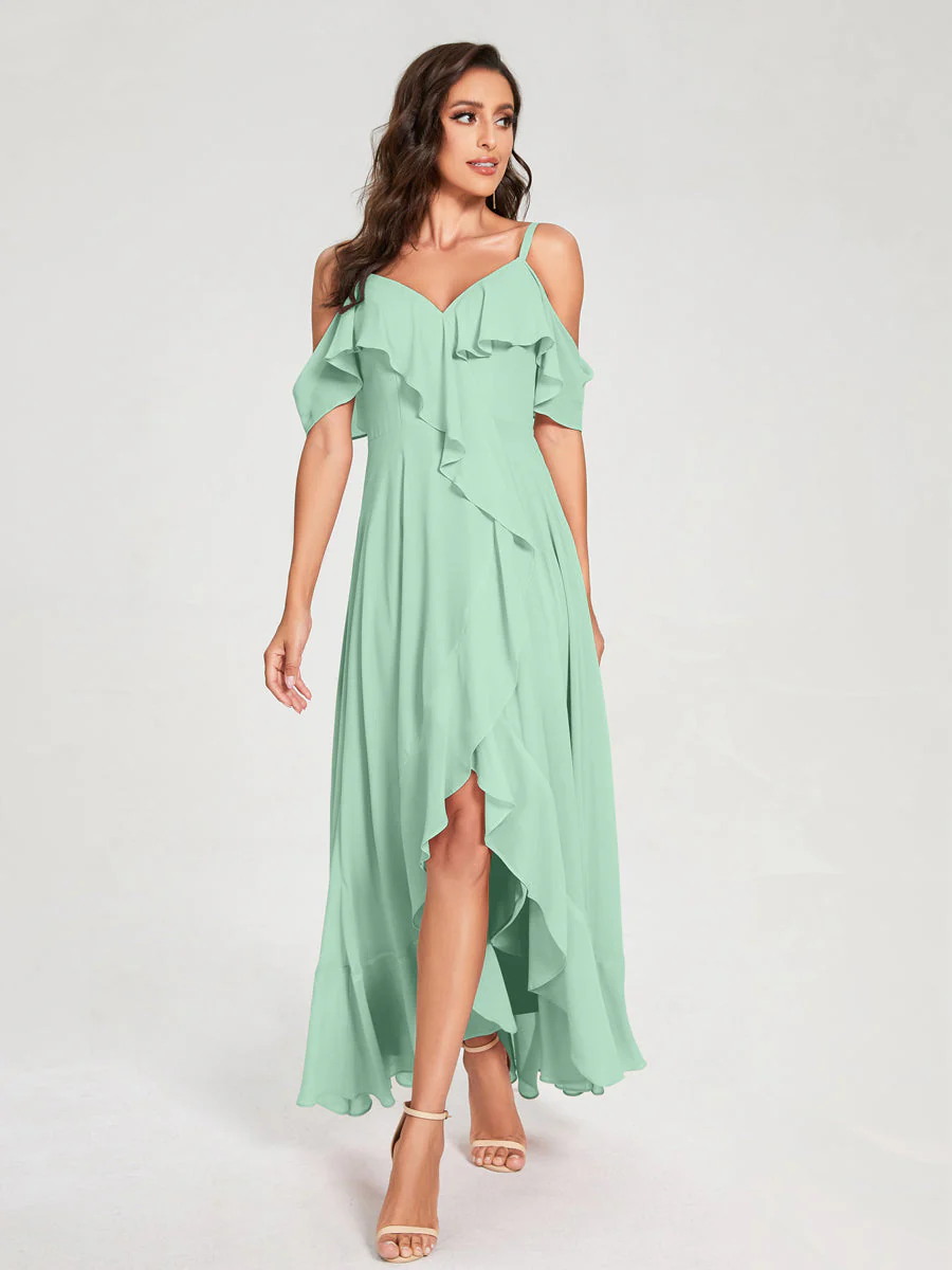 A-Line/Princess Chiffon Spaghetti Straps V-Neck Short Sleeves With Ruffles Asymmetrical Bridesmaid Dresses - Image 61