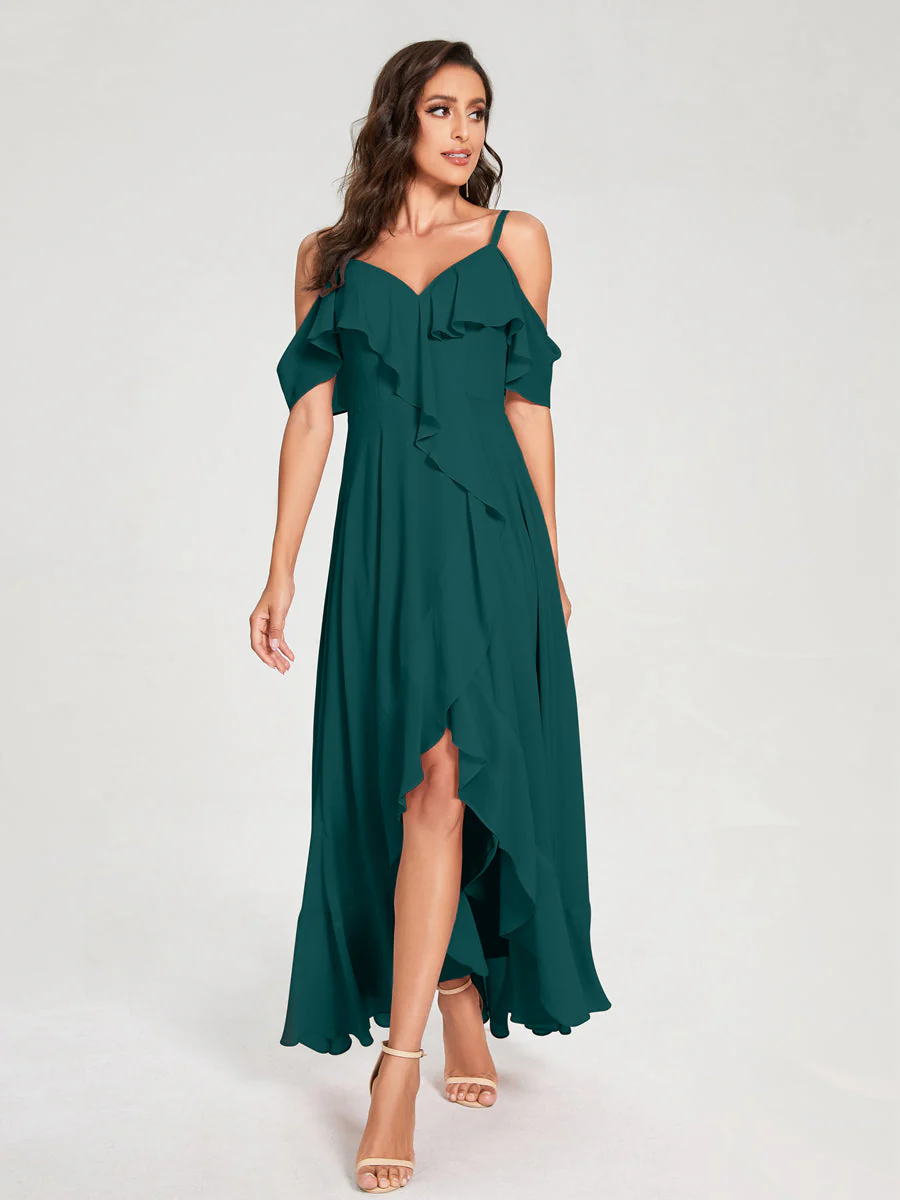 A-Line/Princess Chiffon Spaghetti Straps V-Neck Short Sleeves With Ruffles Asymmetrical Bridesmaid Dresses - Image 66