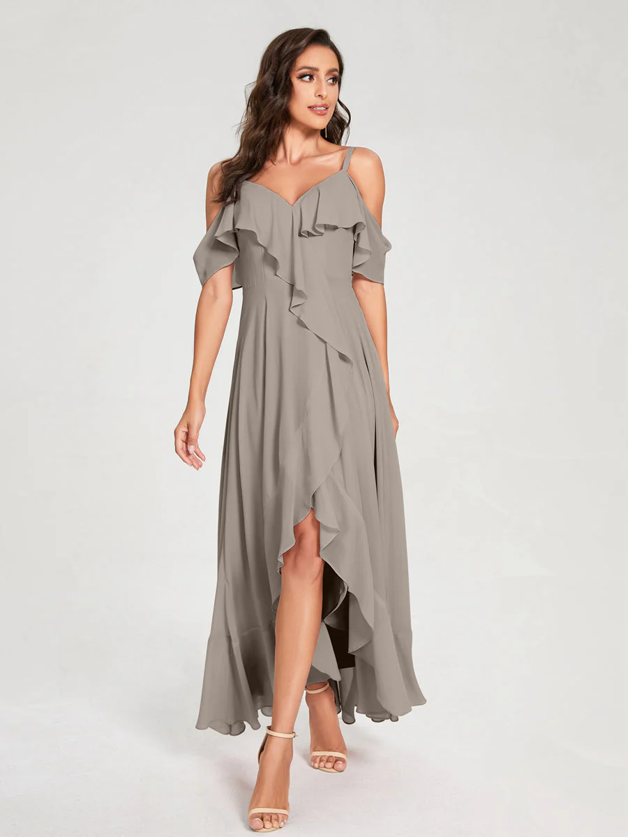 A-Line/Princess Chiffon Spaghetti Straps V-Neck Short Sleeves With Ruffles Asymmetrical Bridesmaid Dresses - Image 73