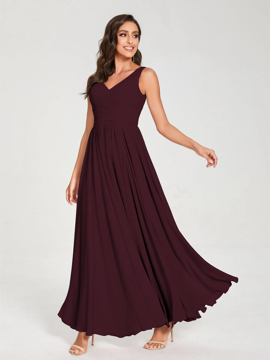 A-Line/Princess Chiffon V-Neck Sleeveless With Pleats Floor-Length Lace Up Bridesmaid Dresses - Image 12