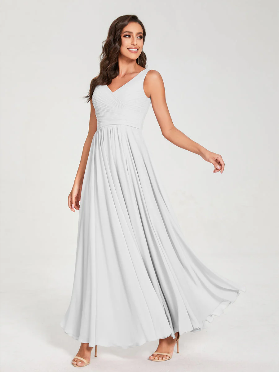A-Line/Princess Chiffon V-Neck Sleeveless With Pleats Floor-Length Lace Up Bridesmaid Dresses - Image 20
