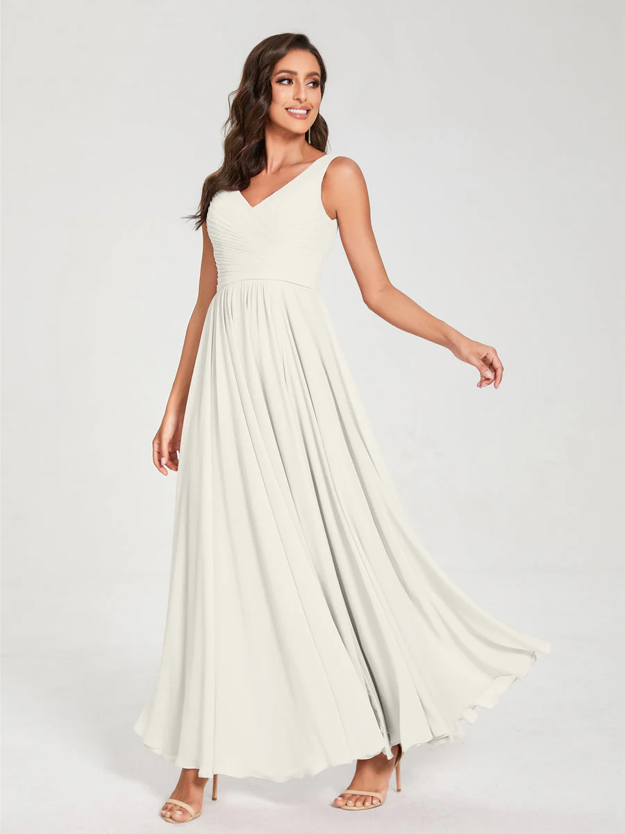 A-Line/Princess Chiffon V-Neck Sleeveless With Pleats Floor-Length Lace Up Bridesmaid Dresses - Image 21