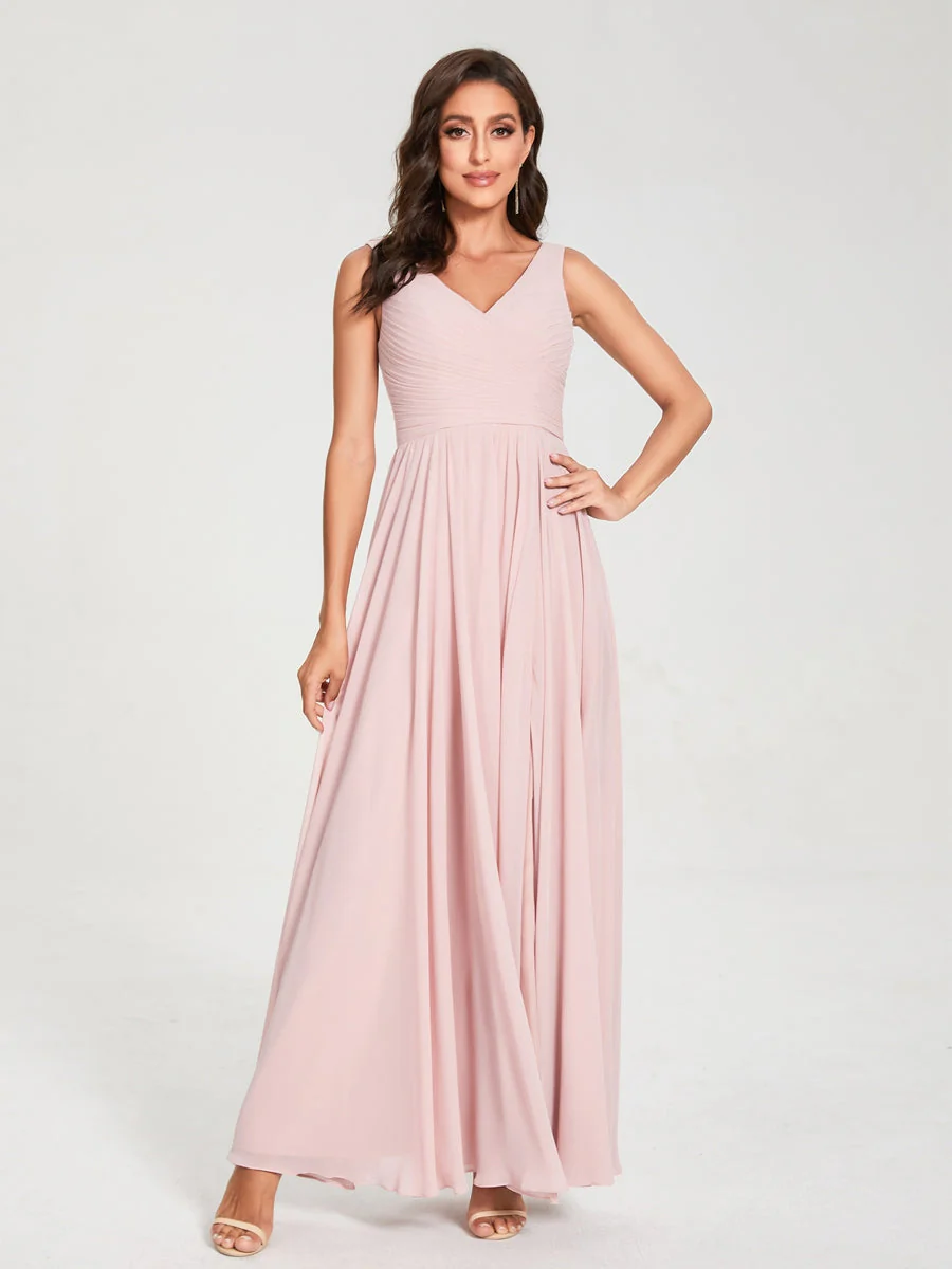 A-Line/Princess Chiffon V-Neck Sleeveless With Pleats Floor-Length Lace Up Bridesmaid Dresses - Image 3