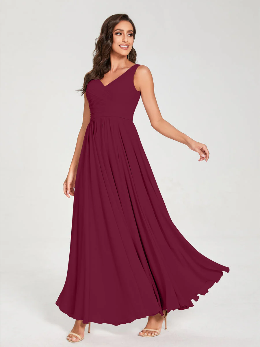 A-Line/Princess Chiffon V-Neck Sleeveless With Pleats Floor-Length Lace Up Bridesmaid Dresses - Image 38