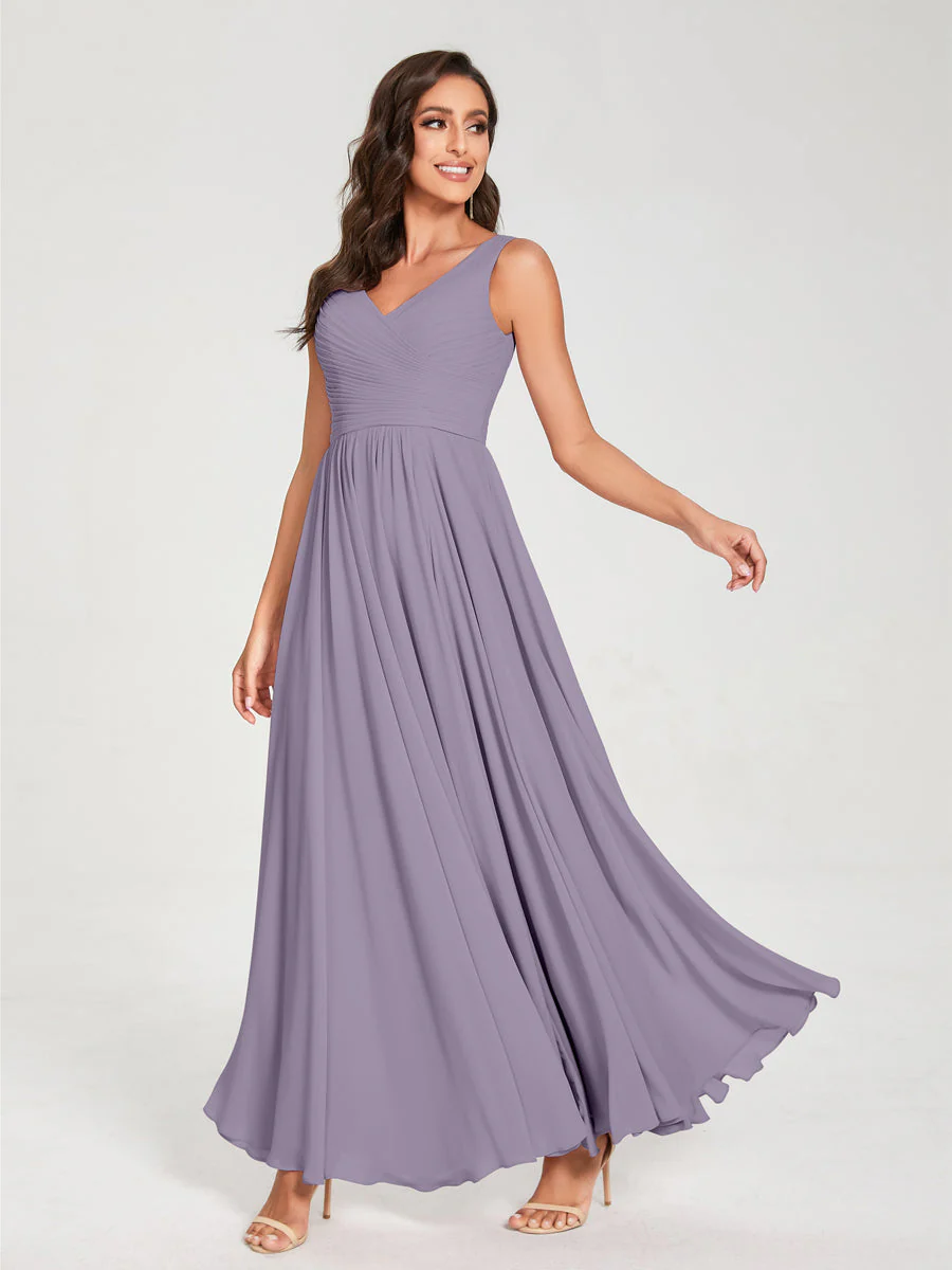 A-Line/Princess Chiffon V-Neck Sleeveless With Pleats Floor-Length Lace Up Bridesmaid Dresses - Image 39