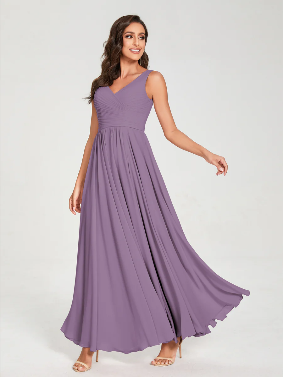 A-Line/Princess Chiffon V-Neck Sleeveless With Pleats Floor-Length Lace Up Bridesmaid Dresses - Image 40