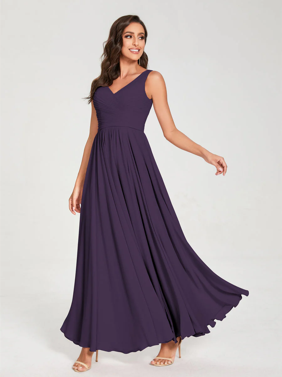 A-Line/Princess Chiffon V-Neck Sleeveless With Pleats Floor-Length Lace Up Bridesmaid Dresses - Image 45