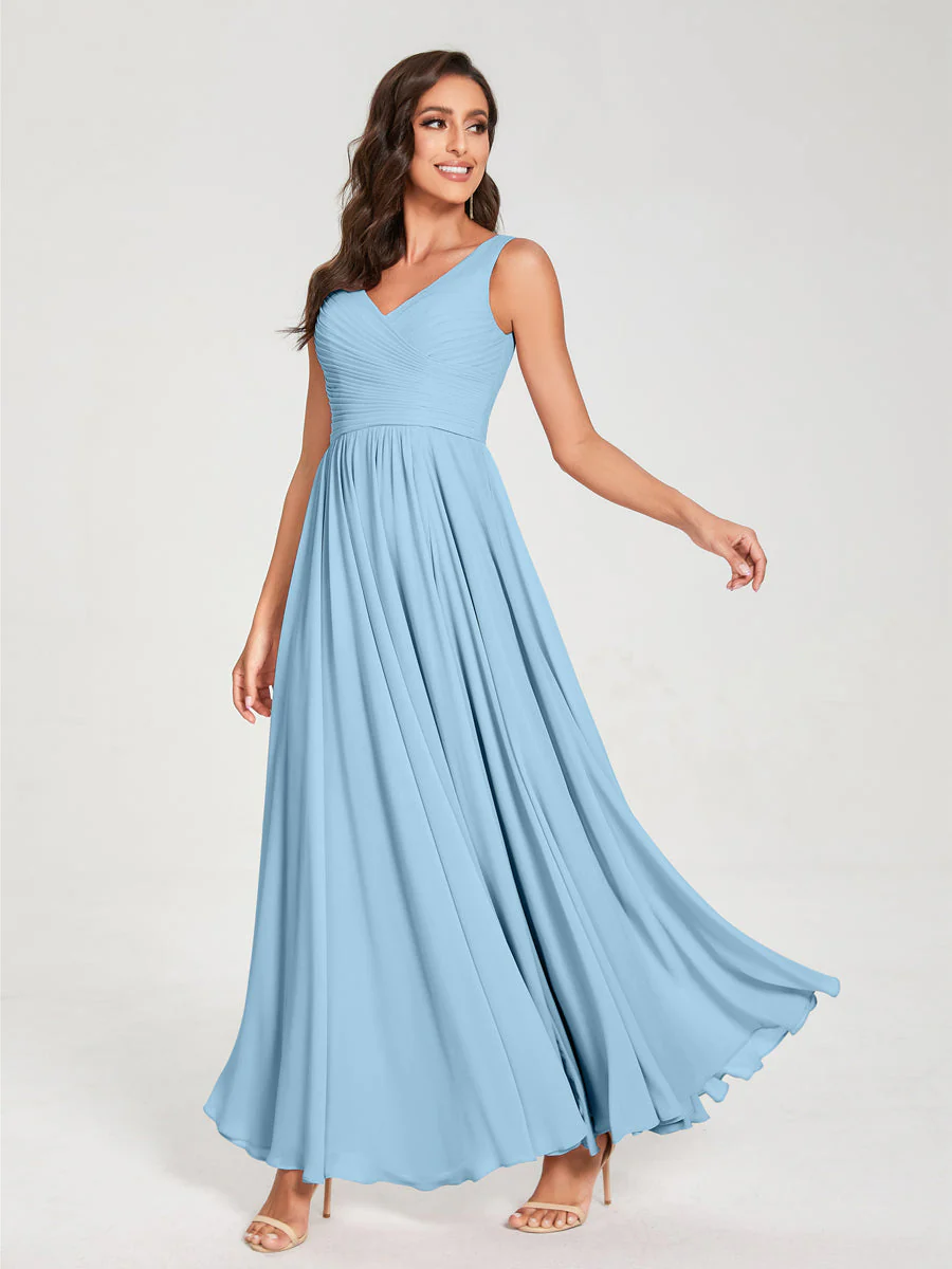 A-Line/Princess Chiffon V-Neck Sleeveless With Pleats Floor-Length Lace Up Bridesmaid Dresses - Image 50