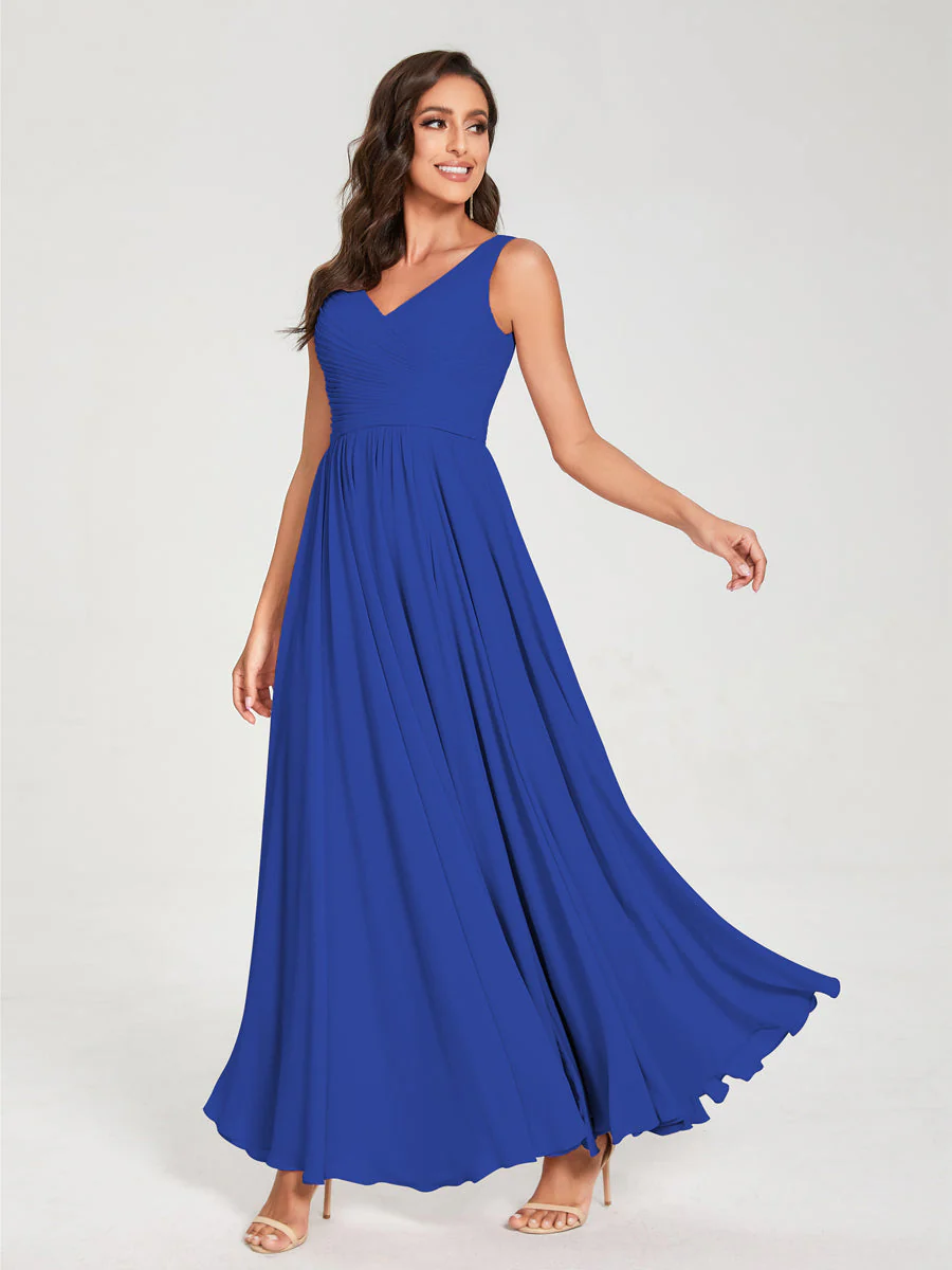 A-Line/Princess Chiffon V-Neck Sleeveless With Pleats Floor-Length Lace Up Bridesmaid Dresses - Image 54