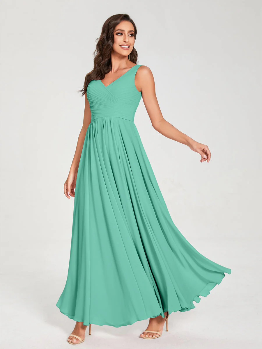 A-Line/Princess Chiffon V-Neck Sleeveless With Pleats Floor-Length Lace Up Bridesmaid Dresses - Image 62