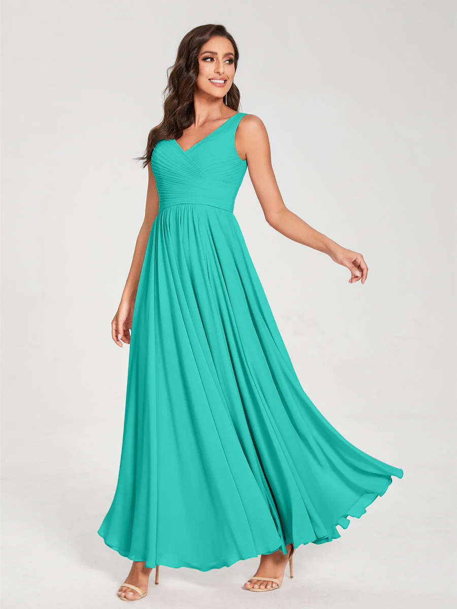 A-Line/Princess Chiffon V-Neck Sleeveless With Pleats Floor-Length Lace Up Bridesmaid Dresses - Image 63