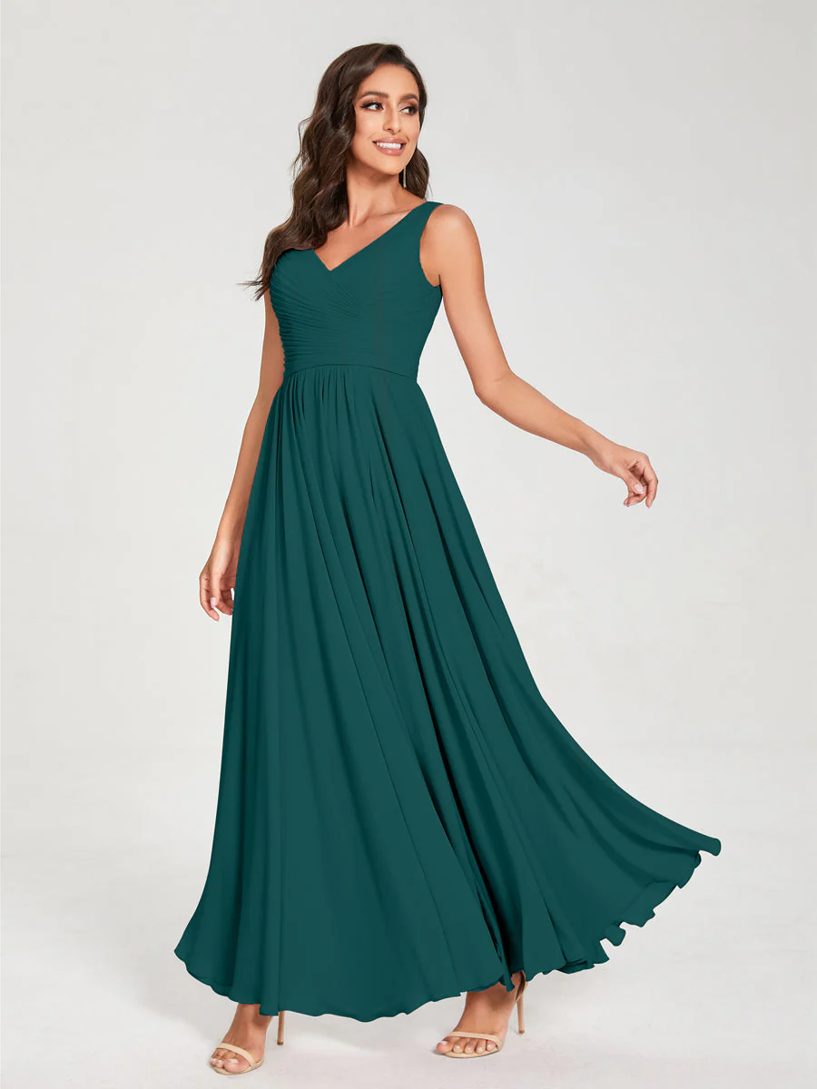 A-Line/Princess Chiffon V-Neck Sleeveless With Pleats Floor-Length Lace Up Bridesmaid Dresses - Image 66