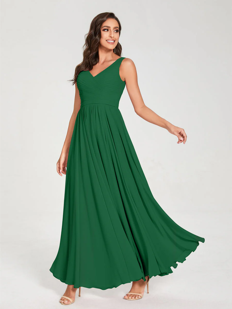 A-Line/Princess Chiffon V-Neck Sleeveless With Pleats Floor-Length Lace Up Bridesmaid Dresses - Image 67