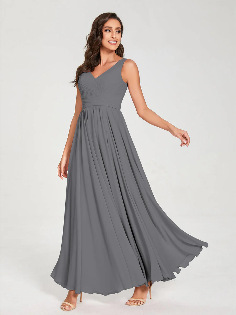 A-Line/Princess Chiffon V-Neck Sleeveless With Pleats Floor-Length Lace Up Bridesmaid Dresses - Image 75