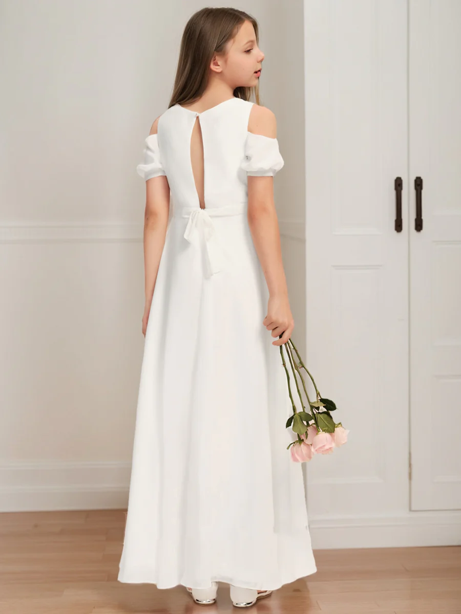 A-Line/Princess Cold Shoulder Short Sleeves Bow Junior Bridesmaid Dresses - Image 2