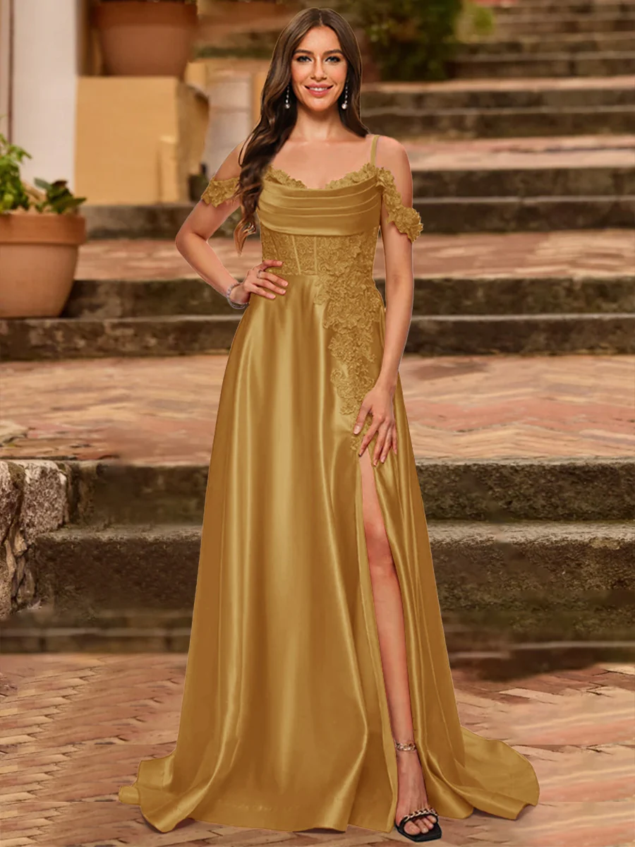 A-Line/Princess Cold Shoulder Short Sleeves Rhinestone Prom Dresses - Image 43