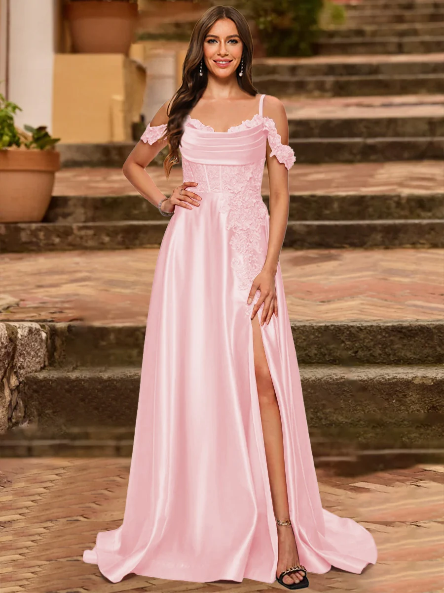 A-Line/Princess Cold Shoulder Short Sleeves Rhinestone Prom Dresses - Image 51