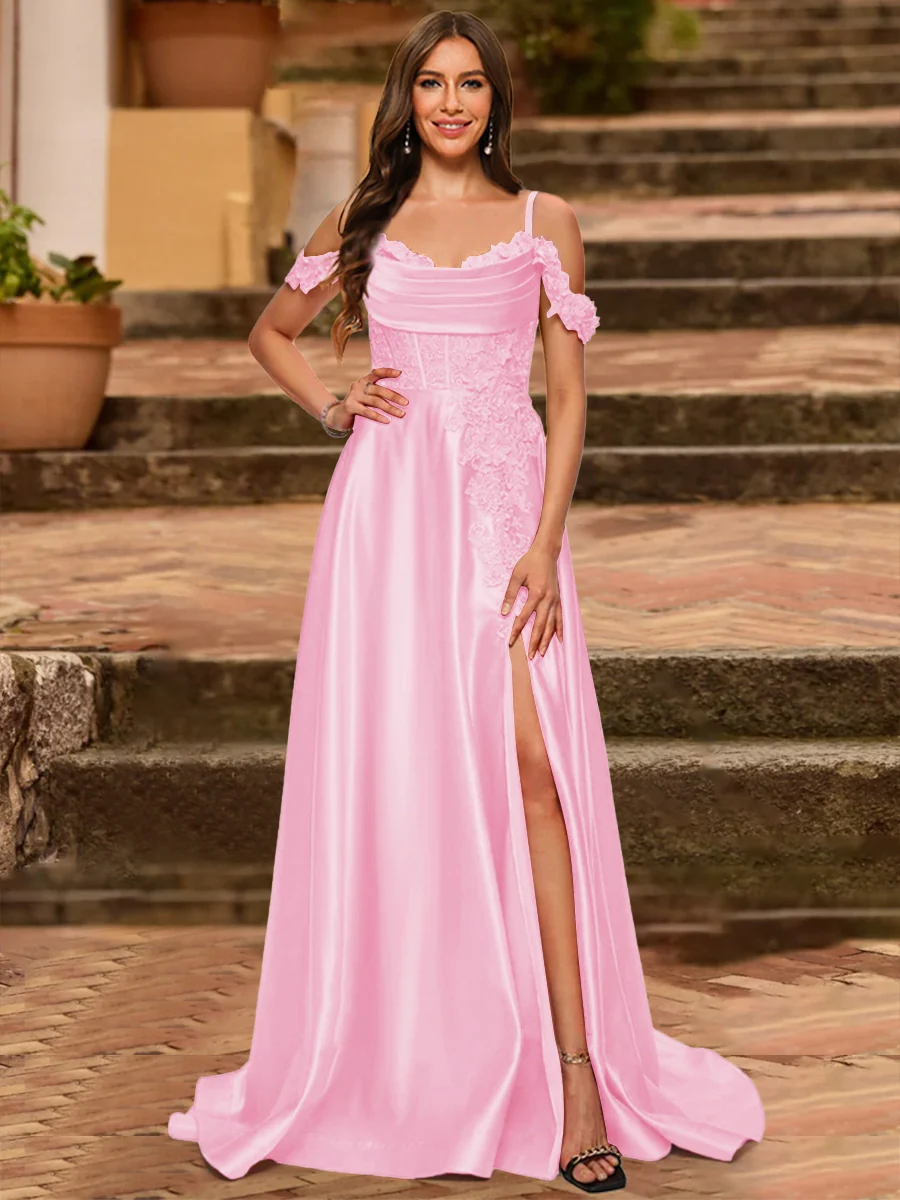 A-Line/Princess Cold Shoulder Short Sleeves Rhinestone Prom Dresses - Image 52