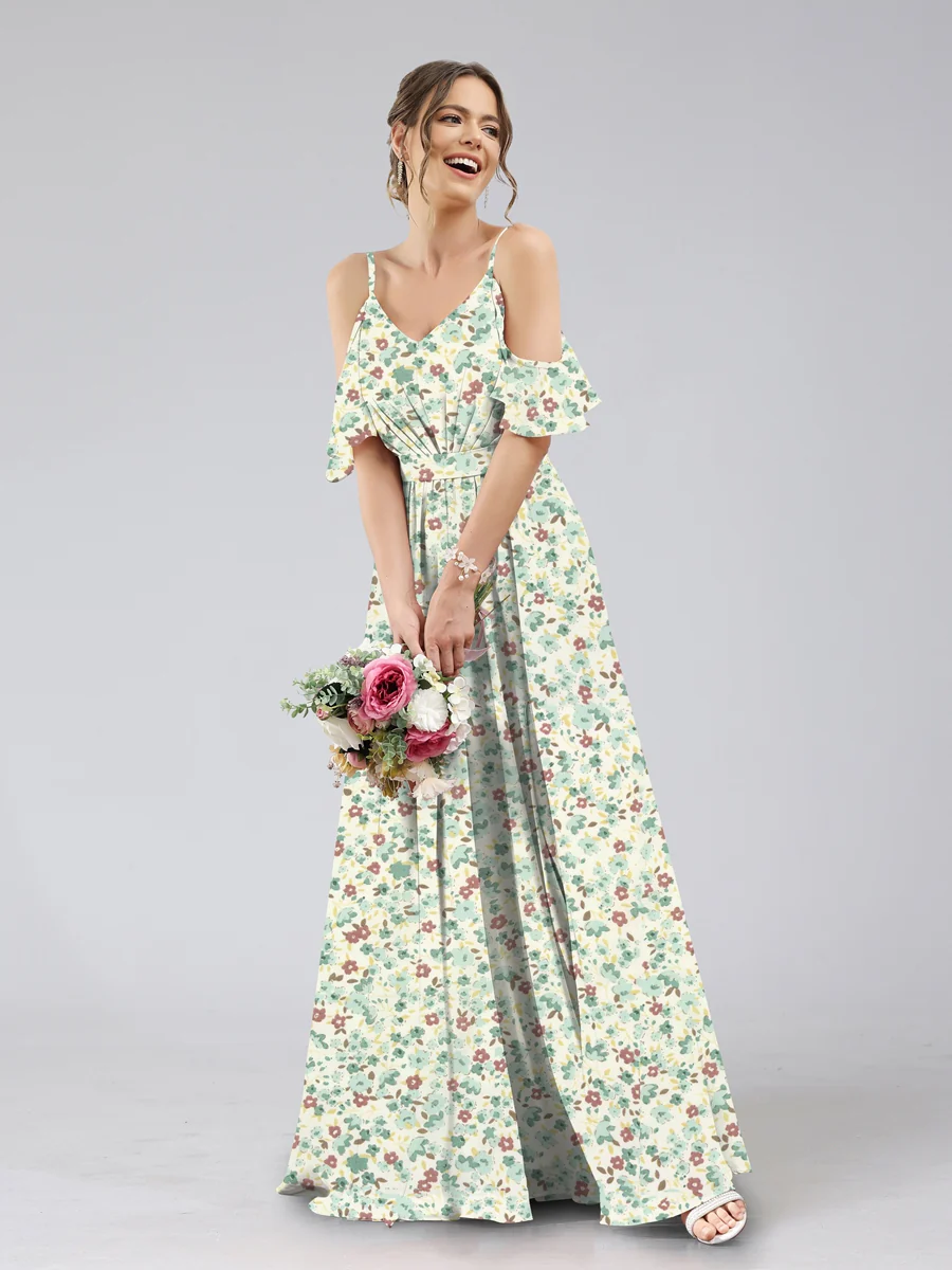 A-Line/Princess Cold Shoulder Short Sleeves Ruched Floral Bridesmaid Dresses - Image 4
