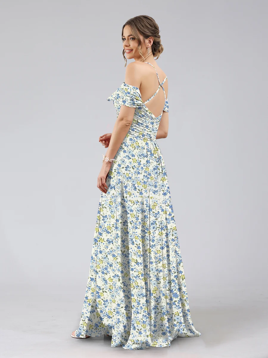 A-Line/Princess Cold Shoulder Short Sleeves Split Side Floral Bridesmaid Dresses - Image 2