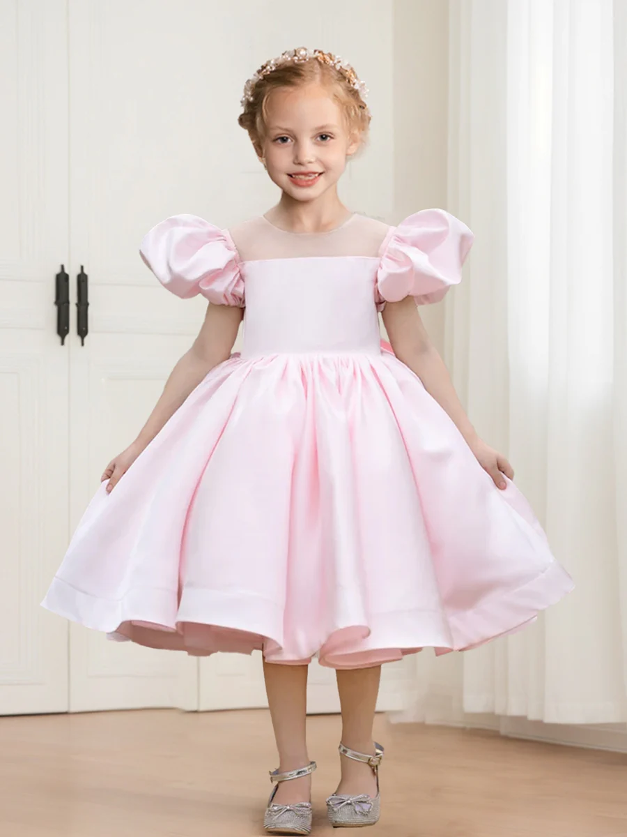A-Line/Princess Crew Neck Puff Sleeves Knee-Length Satin Flower Girl Dresses