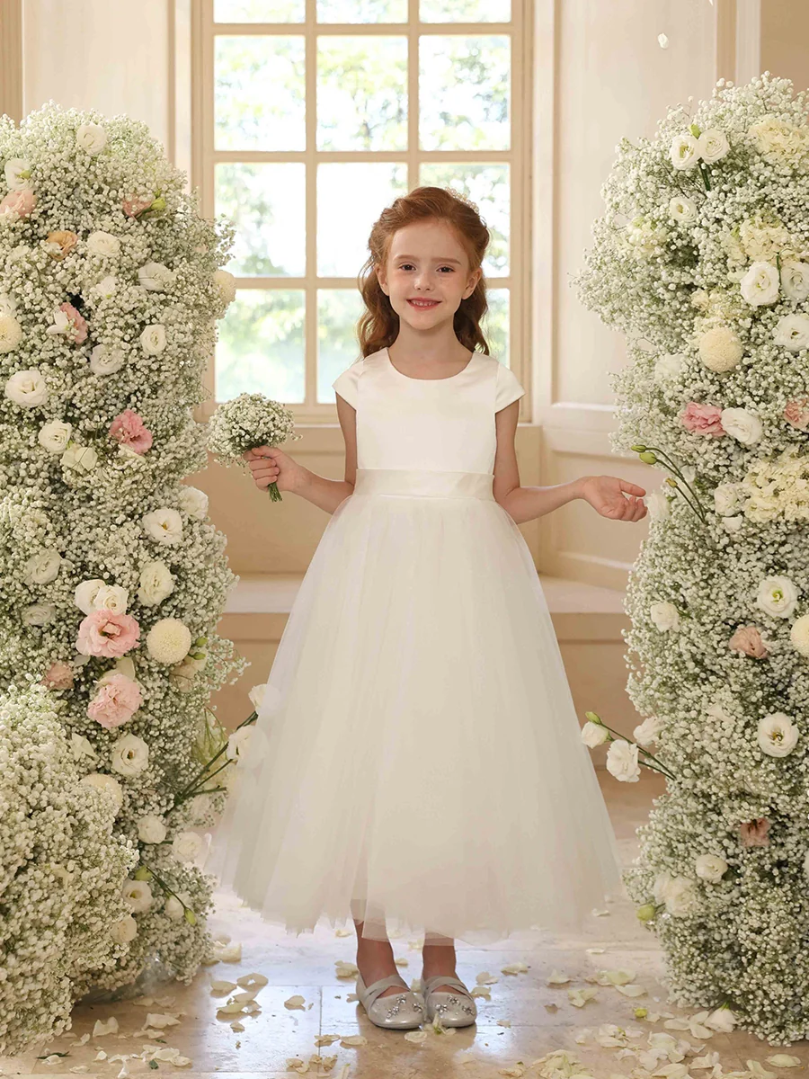 A-Line/Princess Crew Neck Short Sleeves Flower Girl Dresses with Sash - Image 3