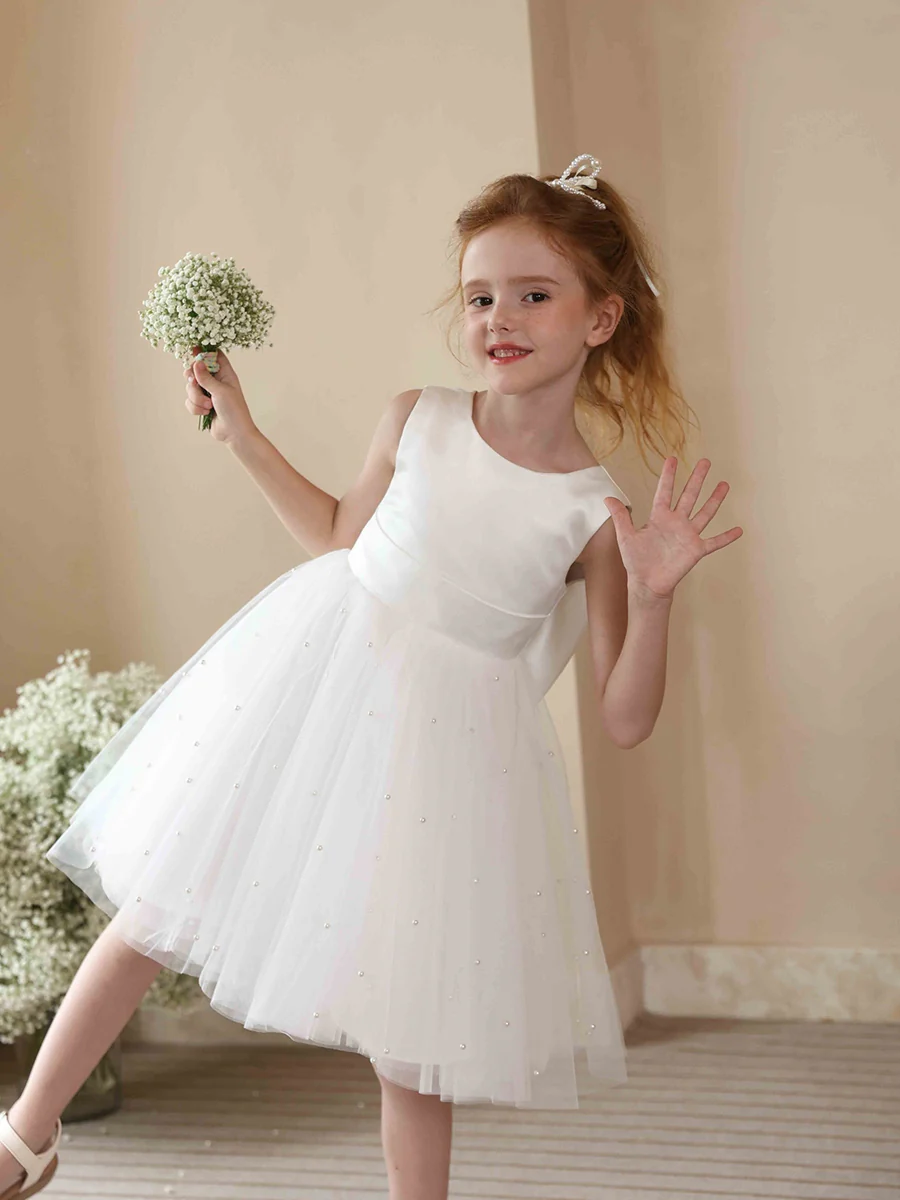 A-Line/Princess Crew Neck Sleeveless Tulle Flower Girl Dresses with Pearls - Image 3