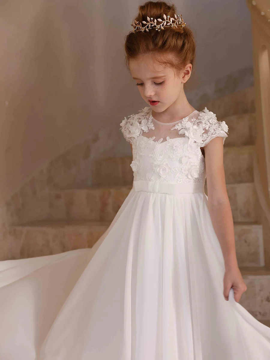 A-Line/Princess Crew Neck Chiffon Flower Girl Dresses with Appliques - Image 5