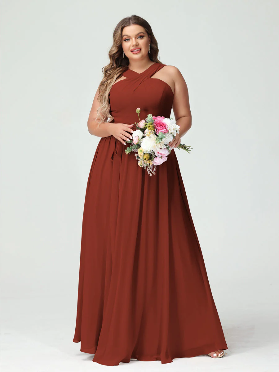 A-Line/Princess Criss Cross Sleeveless Chiffon Plus Size Bridesmaid Dresses with Sash - Image 13