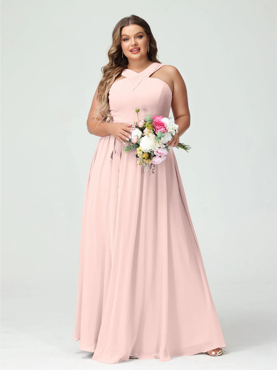 A-Line/Princess Criss Cross Sleeveless Chiffon Plus Size Bridesmaid Dresses with Sash - Image 27