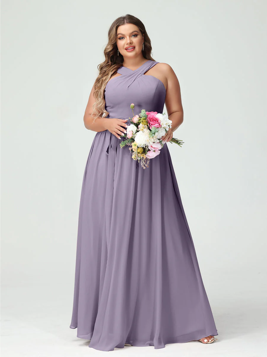 A-Line/Princess Criss Cross Sleeveless Chiffon Plus Size Bridesmaid Dresses with Sash - Image 39