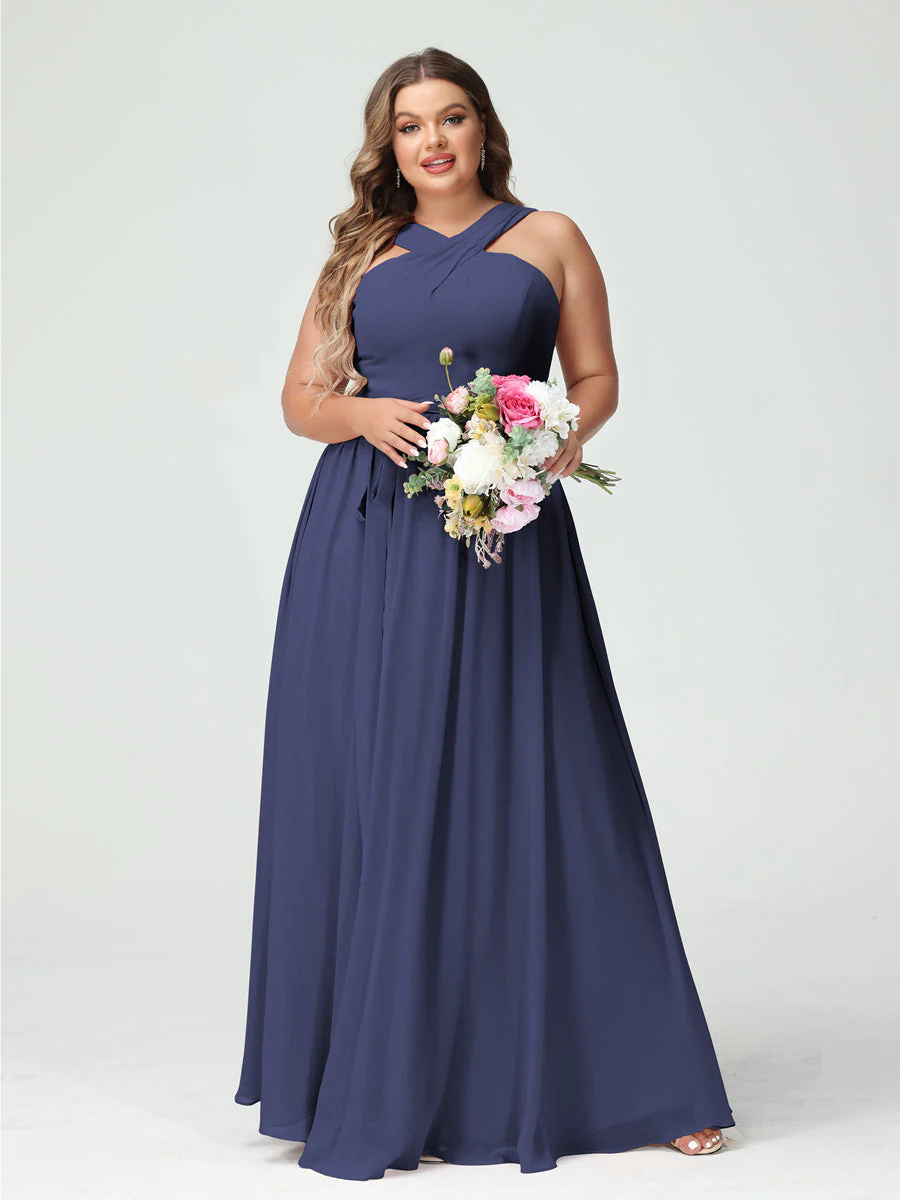 A-Line/Princess Criss Cross Sleeveless Chiffon Plus Size Bridesmaid Dresses with Sash - Image 57