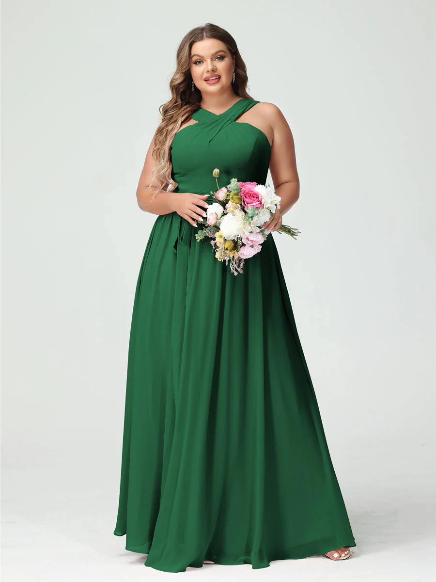 A-Line/Princess Criss Cross Sleeveless Chiffon Plus Size Bridesmaid Dresses with Sash - Image 67