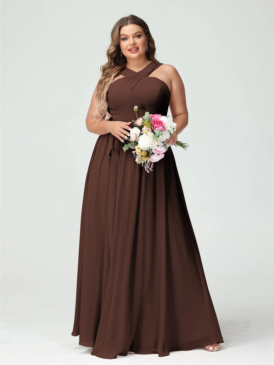 A-Line/Princess Criss Cross Sleeveless Chiffon Plus Size Bridesmaid Dresses with Sash - Image 76