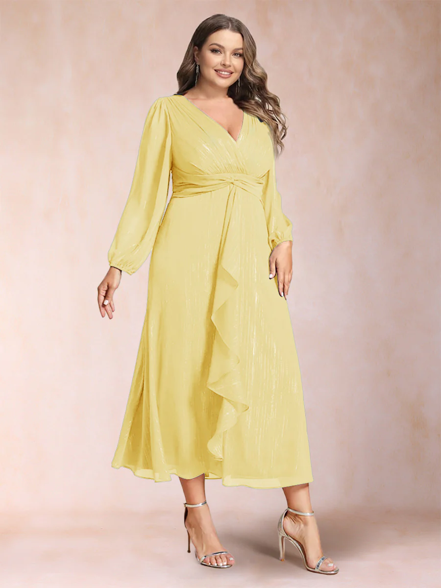A-Line/Princess Crossover V-Neck Long Sleeves Ruffled Plus Size Evening Dresses - Image 19