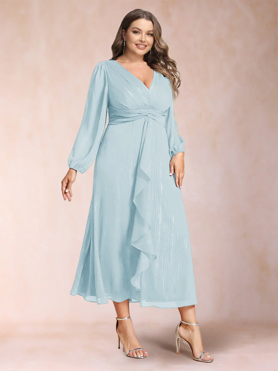 A-Line/Princess Crossover V-Neck Long Sleeves Ruffled Plus Size Evening Dresses - Image 7