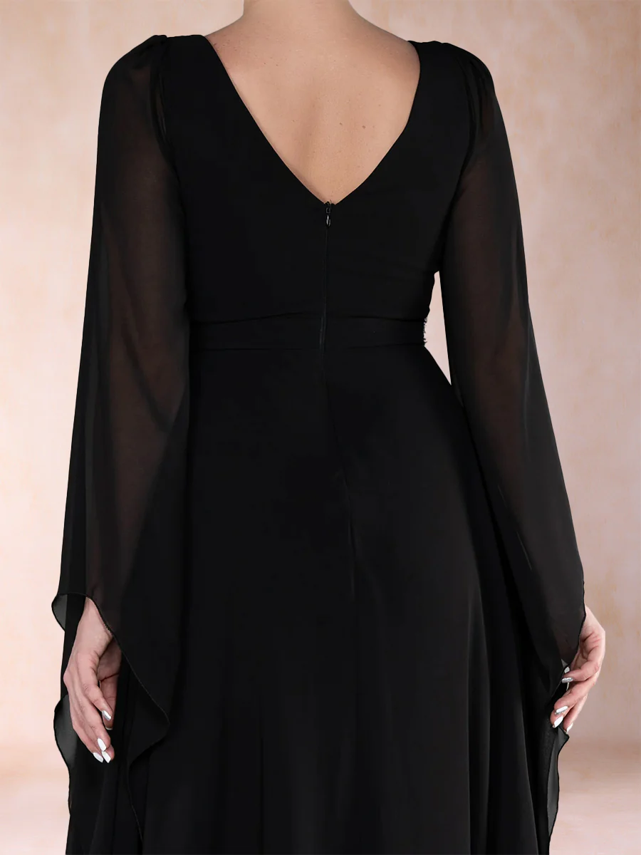 A-Line/Princess Deep V-Neck Long Sleeves Mother of the Bride Dresses with Rhinestone - Image 4