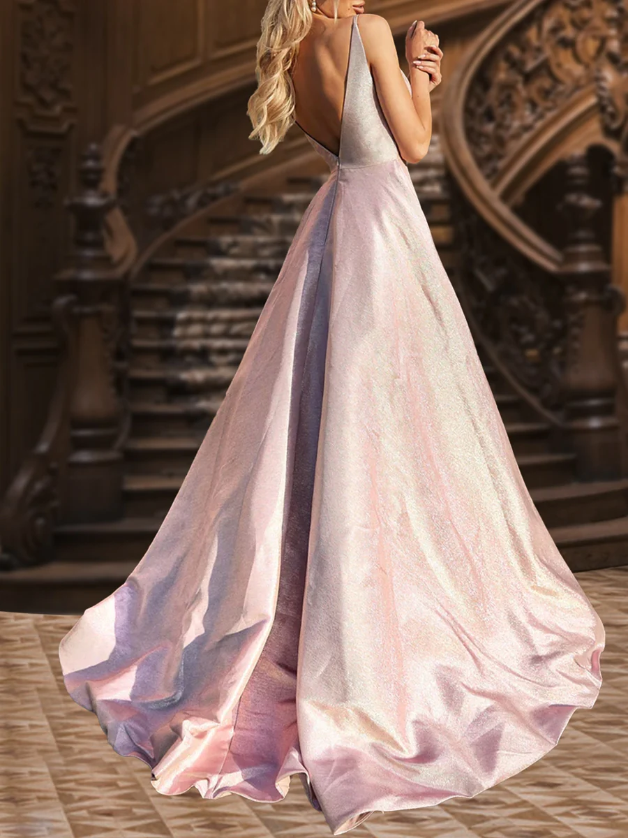 A-Line/Princess Deep V-Neck Sleeveless Ruffles Evening Dresses with Side Slit - Image 4