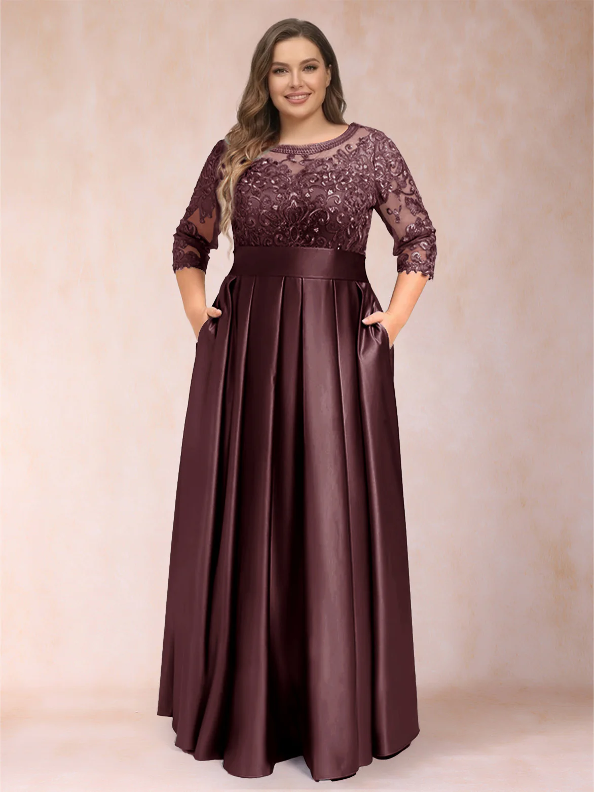 A-Line/Princess Floor-Length 3/4 Sleeves Scoop Plus Size Mother of the Bride Dresses - Image 10