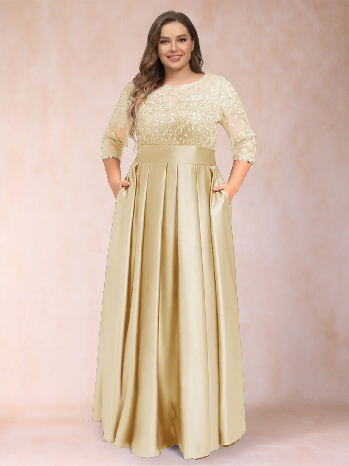 A-Line/Princess Floor-Length 3/4 Sleeves Scoop Plus Size Mother of the Bride Dresses - Image 13