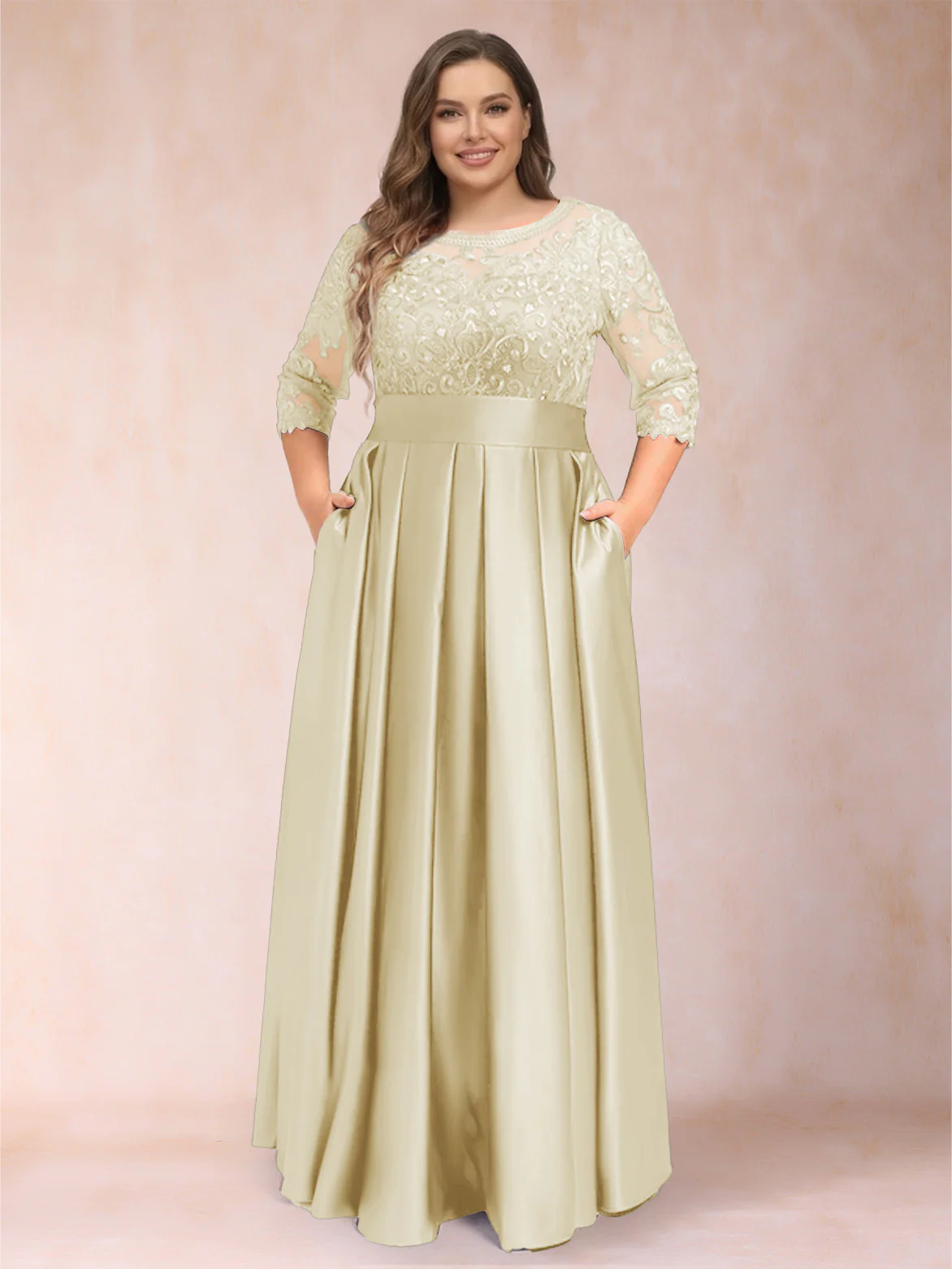 A-Line/Princess Floor-Length 3/4 Sleeves Scoop Plus Size Mother of the Bride Dresses - Image 34