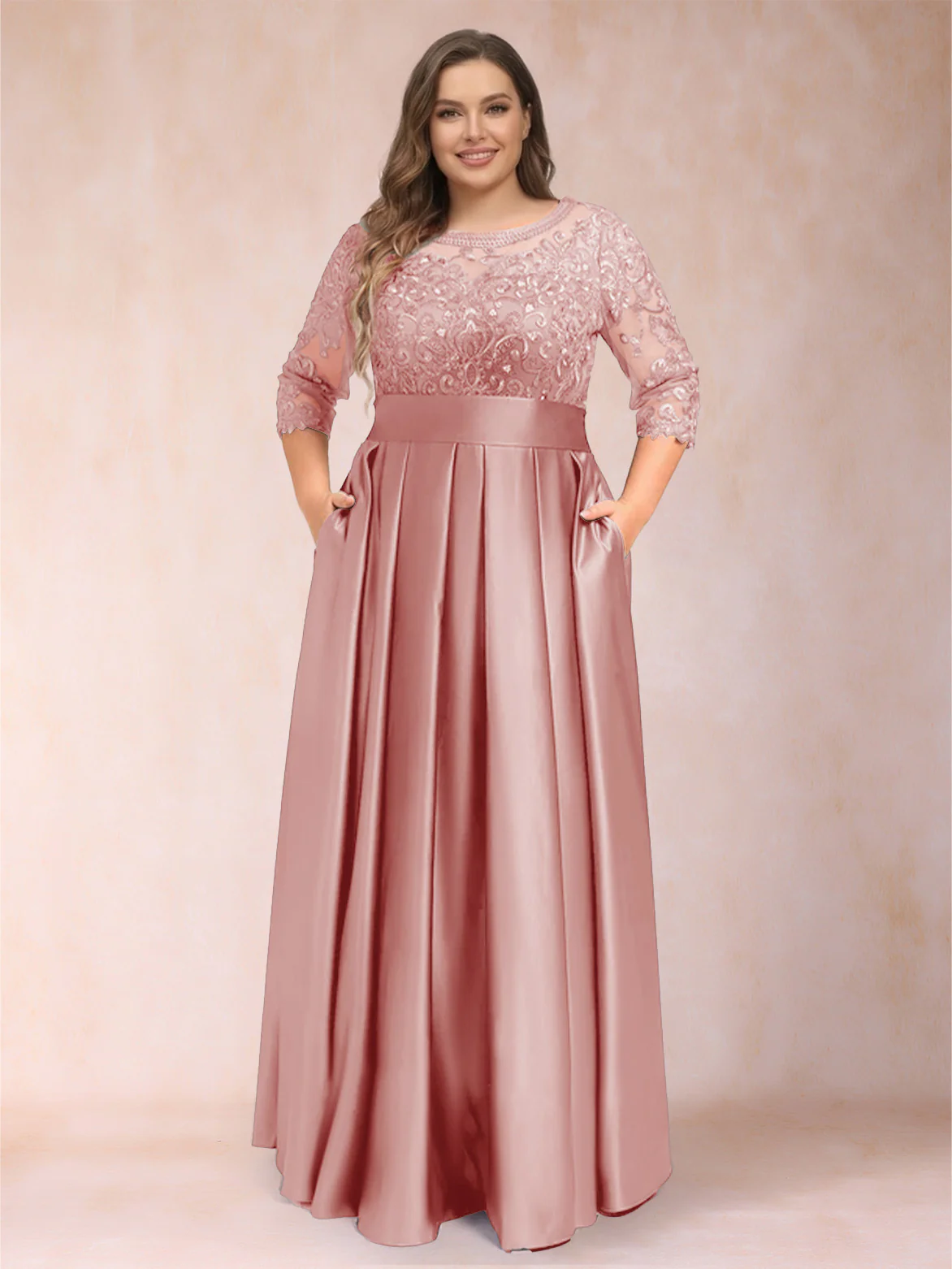 A-Line/Princess Floor-Length 3/4 Sleeves Scoop Plus Size Mother of the Bride Dresses - Image 40