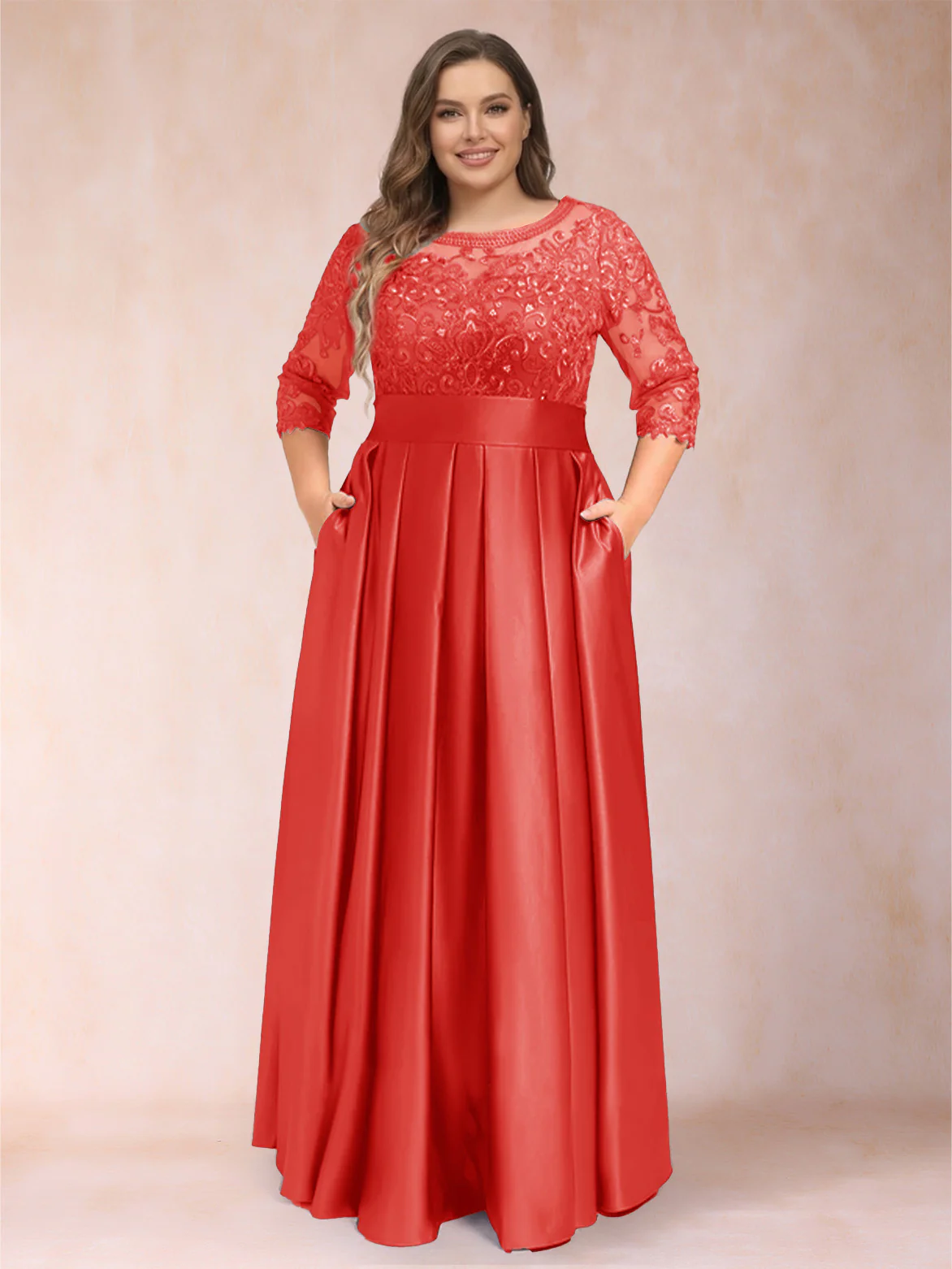 A-Line/Princess Floor-Length 3/4 Sleeves Scoop Plus Size Mother of the Bride Dresses - Image 56