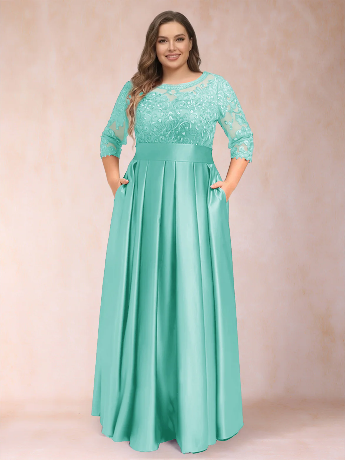 A-Line/Princess Floor-Length 3/4 Sleeves Scoop Plus Size Mother of the Bride Dresses - Image 69