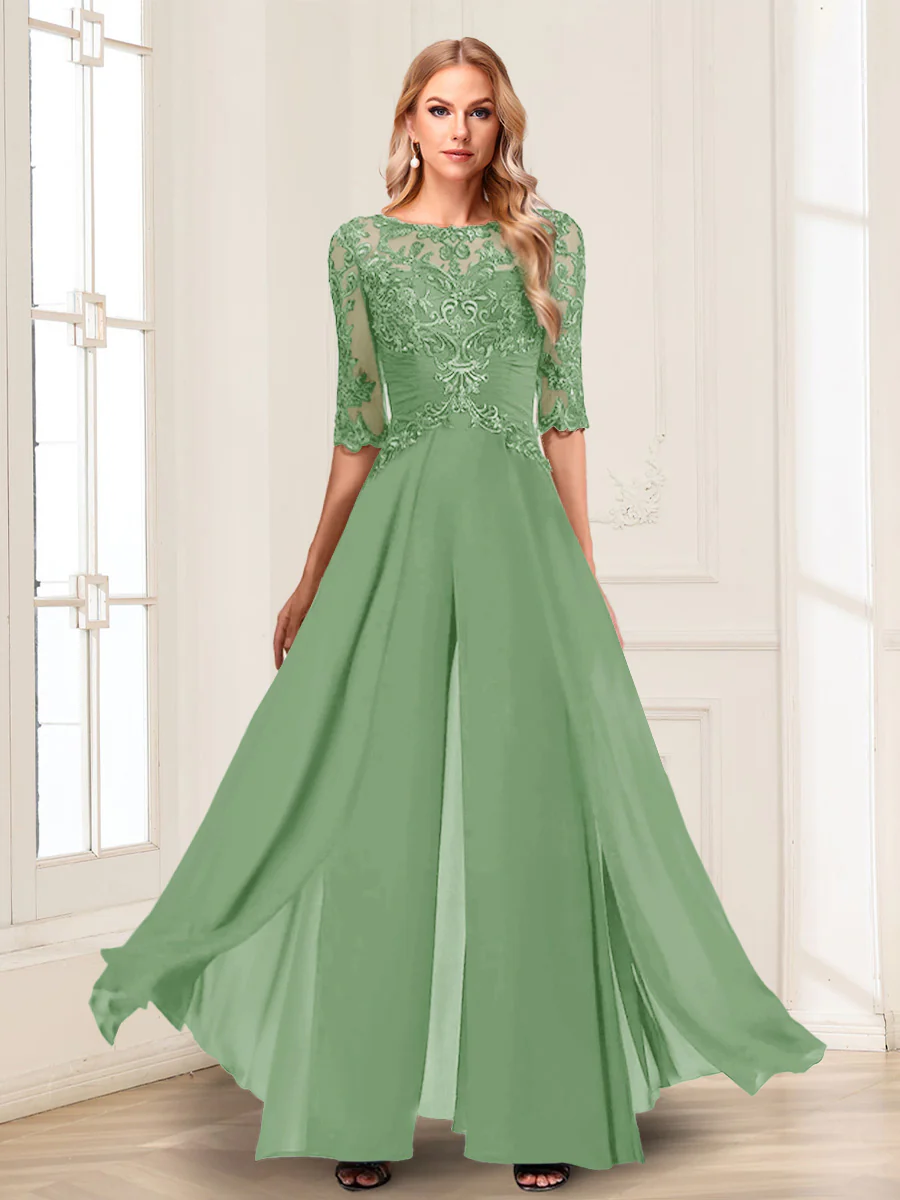 Chiffon Floor-Length Half Sleeves Scoop Mother of the Bride Pantsuits - Image 16