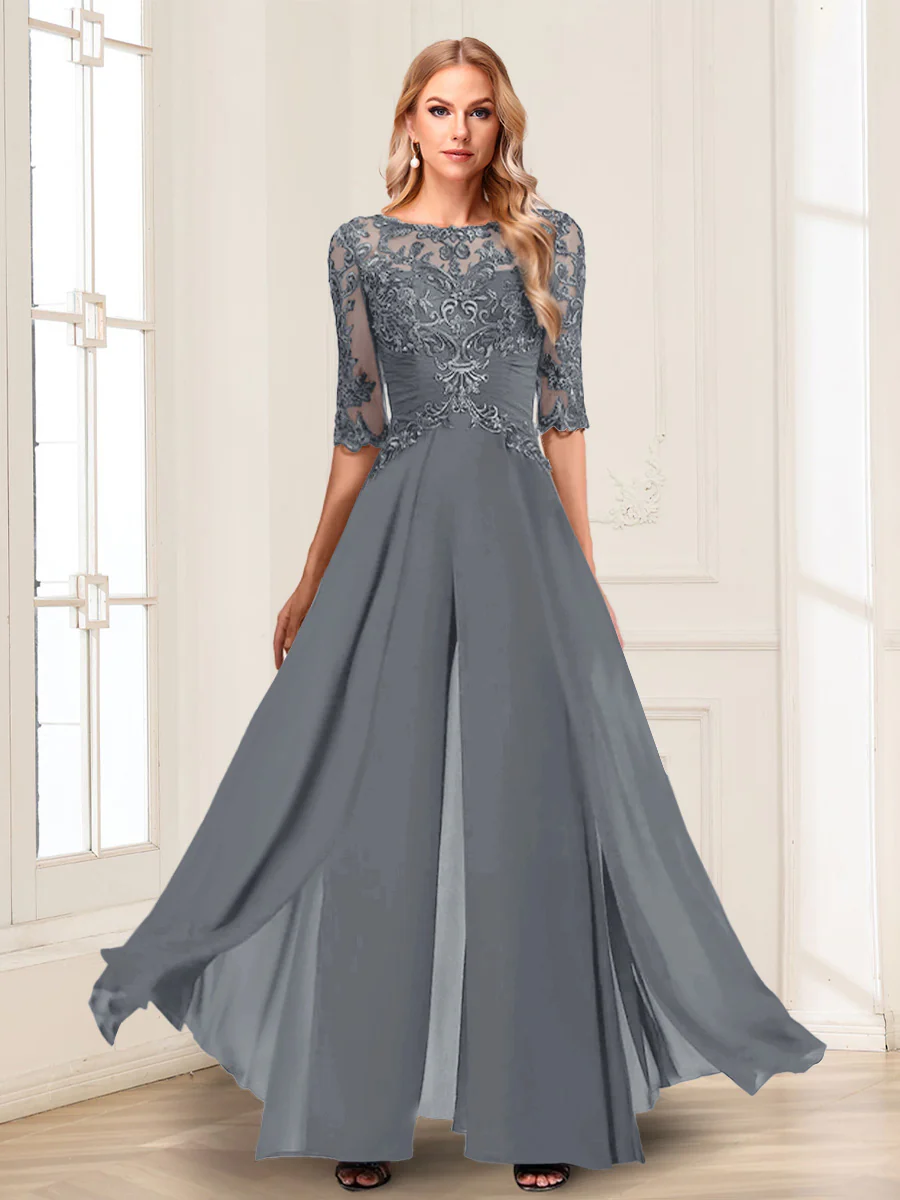Chiffon Floor-Length Half Sleeves Scoop Mother of the Bride Pantsuits - Image 20