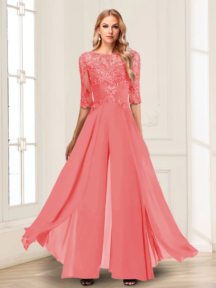 Chiffon Floor-Length Half Sleeves Scoop Mother of the Bride Pantsuits - Image 58
