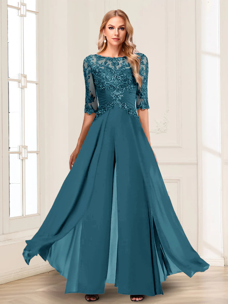 Chiffon Floor-Length Half Sleeves Scoop Mother of the Bride Pantsuits - Image 71
