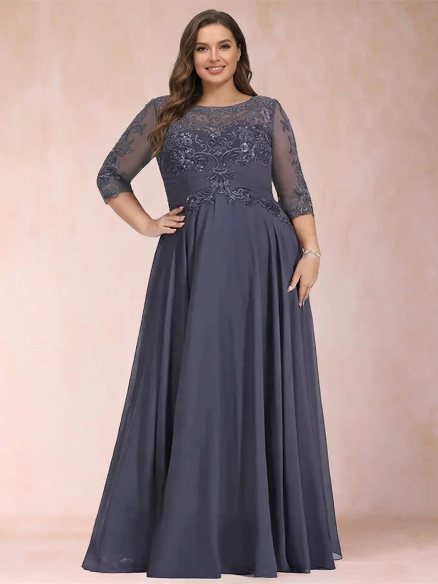 A-Line/Princess Floor-Length Half Sleeves Scoop Plus Size Mother of the Bride Dresses